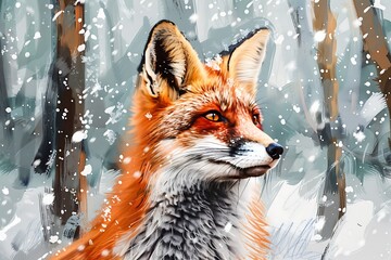 : A brush painted portrait of a curious fox in a snowy forest