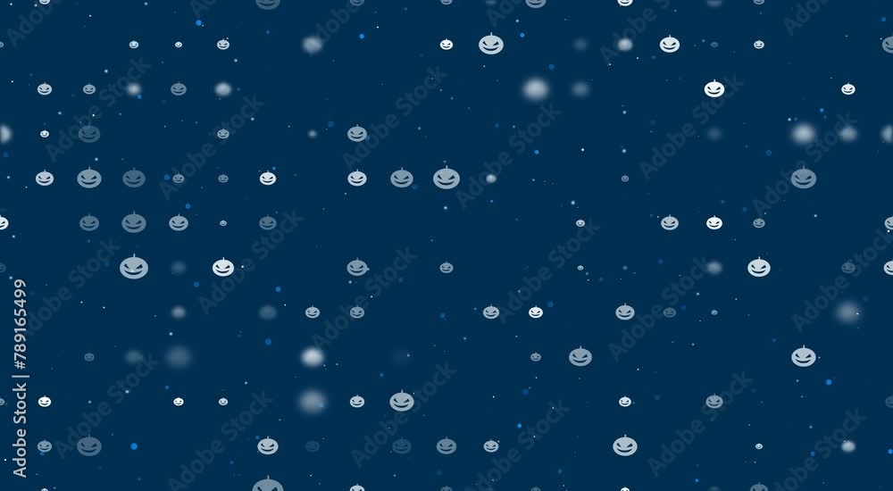 Poster template animation of evenly spaced halloween pumpkin symbols of different sizes and opacity. animat