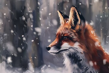 : A brush painted portrait of a curious fox in a snowy forest