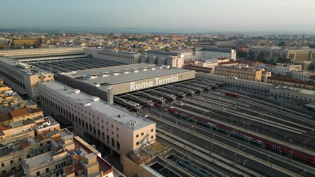 Establishing Drone View Above Roma Termini Train Station in Historic Center of Rome, Italy