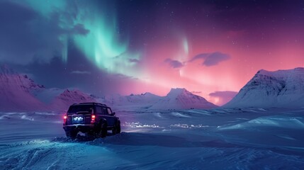 Fototapeta na wymiar Car in wild snow field with beautiful aurora northern lights in night sky with snow forest in winter.
