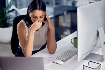 Computer, desk and woman in office with headache, fatigue and burnout from work deadline....