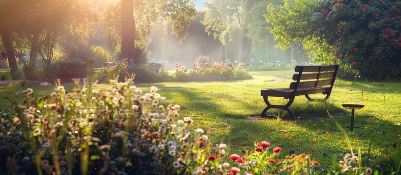 An English park in the morning with a bench and flowers.