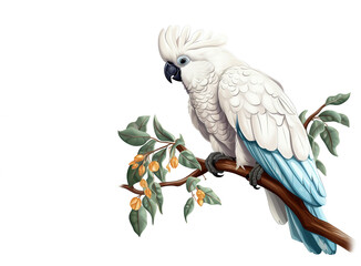 Image of cockatoo on a branch on a white background. Birds. Animals. Illustration, Generative AI.