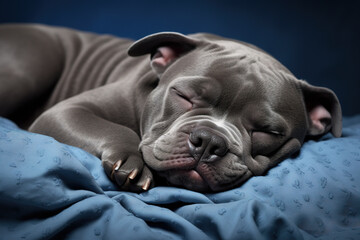 Image of cute american bully dog lying on sleeping cushion. Pet. Animals. Illustration. Generative AI.