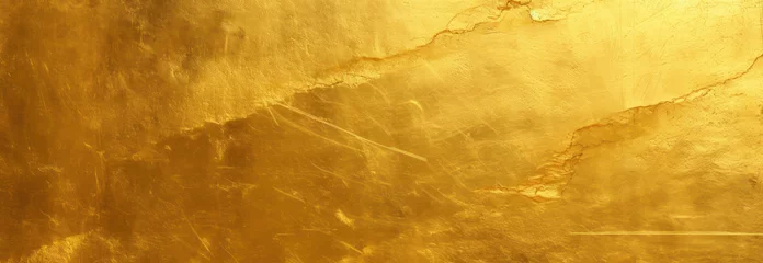Fotobehang Gold metal texture background with scratches and cracks, shiny golden foil surface for luxury design or packaging decoration. © beyouenked