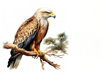 Image of an eagle on a branch on a white background. Birds. Animals. Illustration, Generative AI.