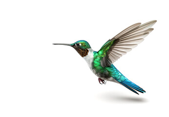 Image of flying hummingbird on a white background. Bird, Wildlife Animals. Illustration, Generative AI.