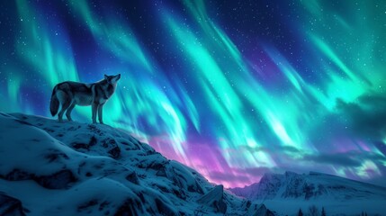 Wolves herd in wild snow field with beautiful aurora northern lights in night sky with snow forest in winter.