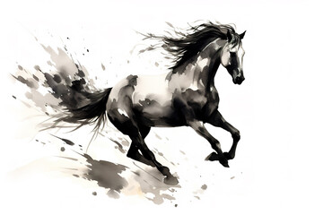 Watercolor painting of horse is running on a white background. Wildlife Animals. Illustration, Generative AI.