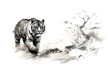 Watercolor painting of tiger is walking on a white background. Wildlife Animals. Illustration, Generative AI.