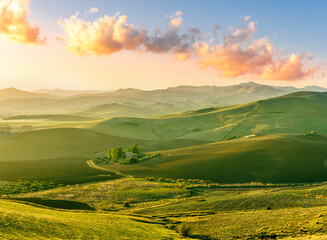 spring green field landscape in beautiful countryside with green and yellow grass, rural hills and...