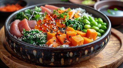   A close-up of a vibrant bowl filled with carrots, peas, and various vegetables