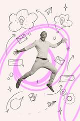Creative trend collage of entrepreneur male jumping solve task employee professional expert goal weird freak bizarre unusual fantasy