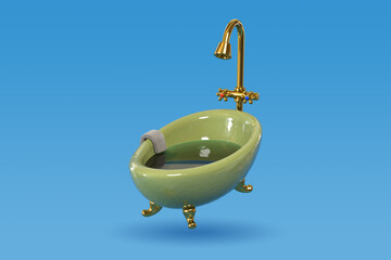 Take a bath. 3d green bathroom with a golden faucet filled with water is ready for use. The concept of cleanliness, bathroom or plumbing