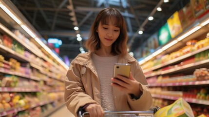 A female shopper in a grocery store shopping for food.