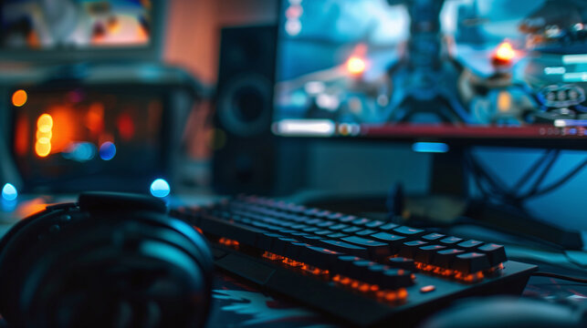 Gaming Setup with Glowing Keyboard, Esports Atmosphere