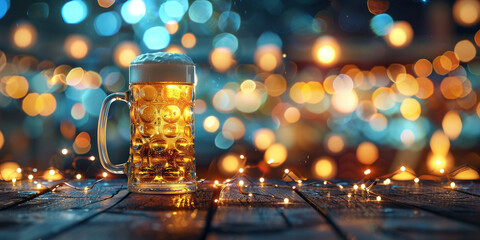 Glass of beer on wooden table with blurry background, refreshing drink concept for pub or brewery advertising