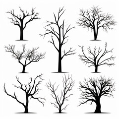 Collection of eerie tree silhouettes without leaves, ideal for Halloween backgrounds, haunted landscapes, and creepy artistic designs