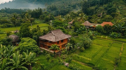Fototapeta na wymiar village house surrounded by nature,Beautiful landscape of a tropical rainforest. Palm trees and a village near,Buildings on a hillside and sky with dark clouds