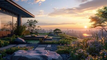 Peaceful Rooftop Garden at Sunset Photographed with a View