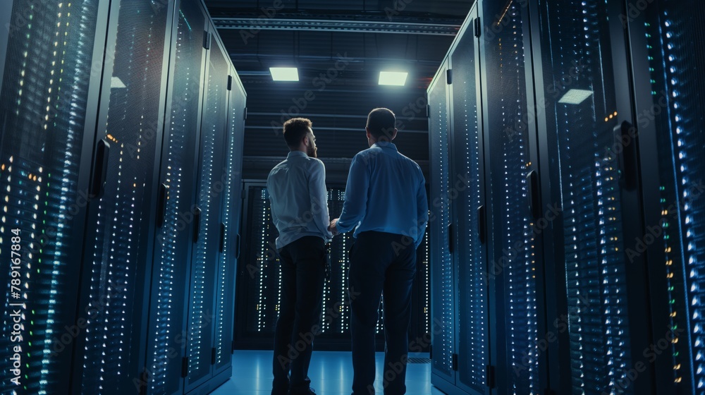Aufkleber Male IoT specialists in the data center work together to solve complex problems of analyzing and improving network systems, ensuring the reliability and performance of data exchange.