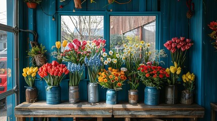   A table holds several flowers, their vibrant hues reflected in a window A truck's image is mirrored behind them