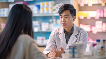 Pharmacist is assisting customer in a drug store