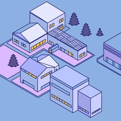 isometric house illustraton blue background, city, town and building