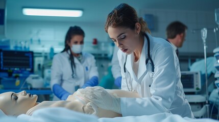 Doctor working on mannequin patient during a training session in hospital patient room.