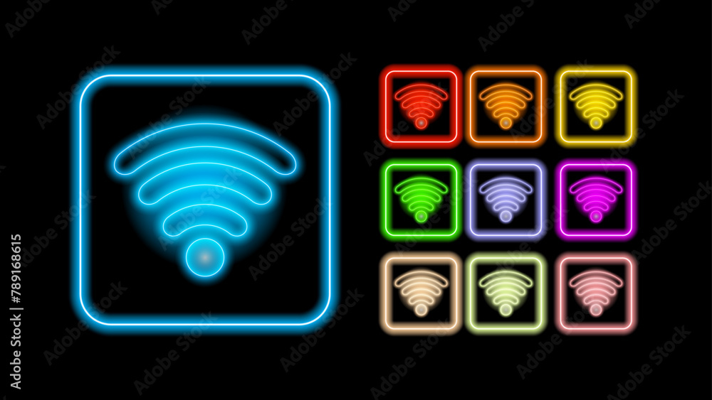 Poster glowing neon smartphone screen and frame with wifi icon. neon light outline phone with wi-fi icon. f