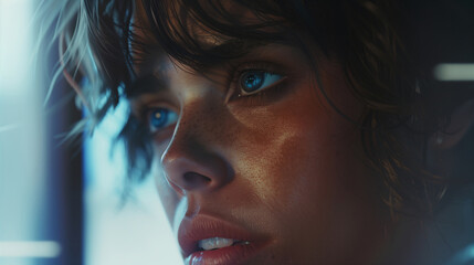 Intense Gaze, Young Person with Vivid Blue Eyes