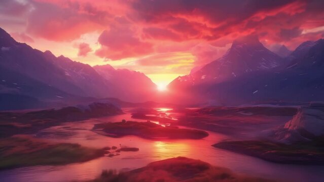 A secluded valley hidden away in a remote mountain range where the sun sets behind towering peaks and the sky becomes a canvas of . .