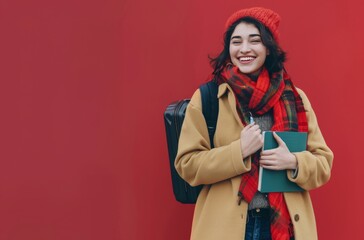 Woman Holding Suitcase and Smiling - obrazy, fototapety, plakaty