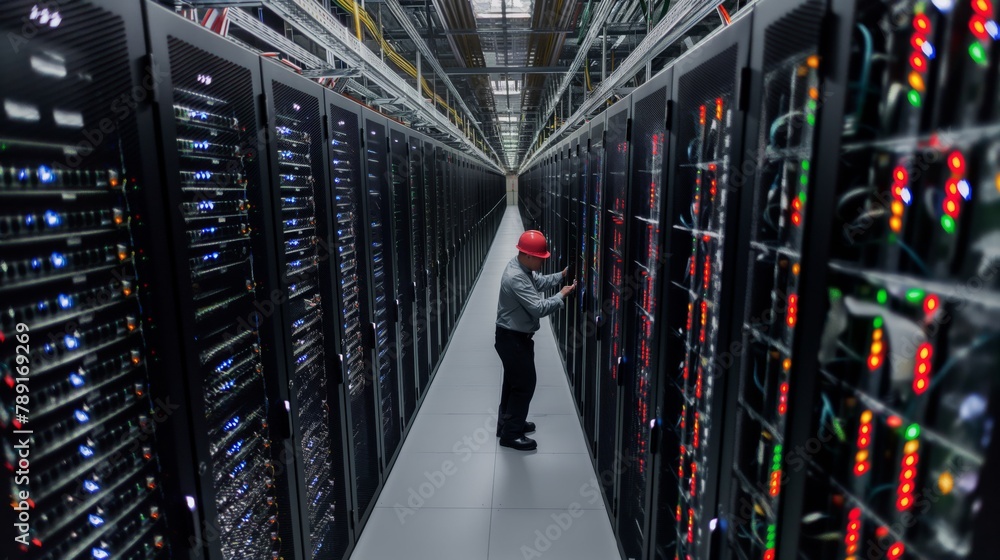 Poster a technician in the data center server room professionally configures, repairs, and verifies servers