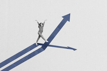 Creative photo collage picture young woman go upwards arrow pointer leadership reach success target aim white background - obrazy, fototapety, plakaty
