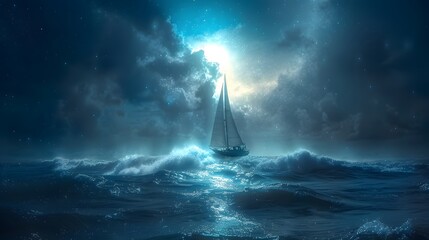the silhouette of a sailboat crew navigating the ocean waves under the ethereal glow of a full moon - Powered by Adobe