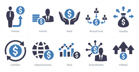 A set of 10 investment icons as investor, income, asset