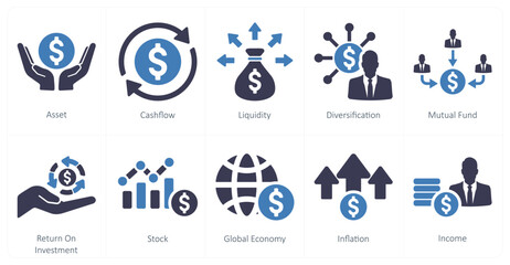A set of 10 investment icons as asset, cash flow, liquidity