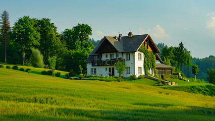 House on a lush green field with a backdrop of trees and a bright blue sky.