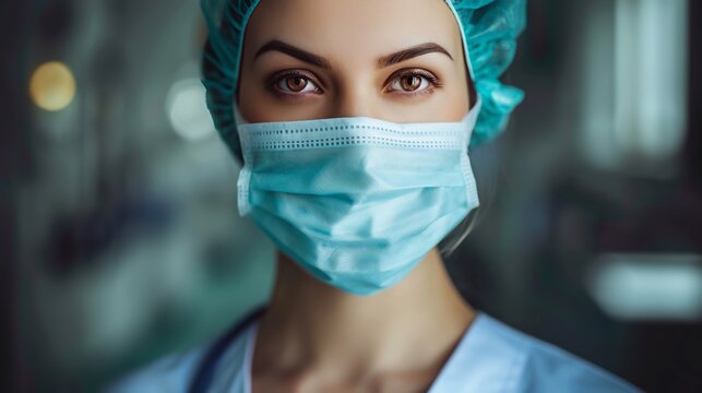 Infermiera in sala operatoria con cuffia e mascherina