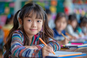 Little Asian girl schoolgirl at her desk draws, selective focus