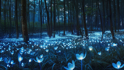Neon fairy tale forest with luminous flowers, mystery path in dark magical woods, glowing plants...