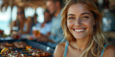 At a beach barbecue party, a cheerful blonde woman shares a fresh meal with friends. - obrazy, fototapety, plakaty