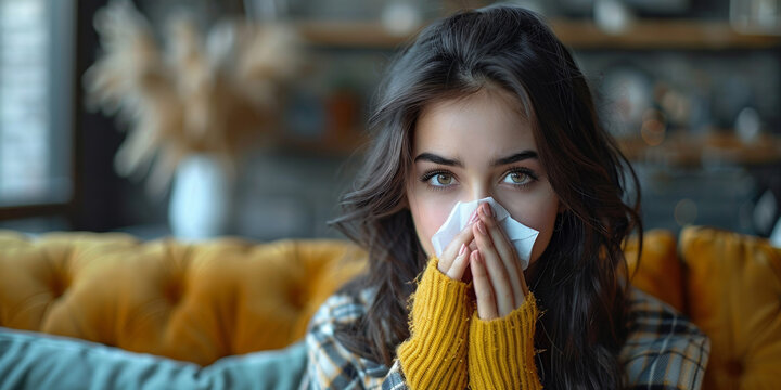 A portrait of a sick brunette woman on a cozy sofa, sneezing into a tissue.
