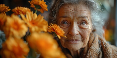 A grateful granny with a wrinkled portrait holds a yellow birthday bouquet, smiling.