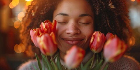 An excited black woman poses with a romantic tulip bouquet, beaming with gratitude.