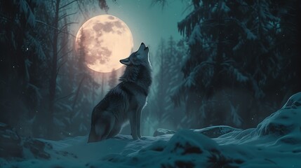 A lone wolf howling at the full moon in a dense, snowy forest