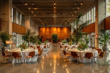 A large banquet hall with tables and chairs set up for a large event - obrazy, fototapety, plakaty