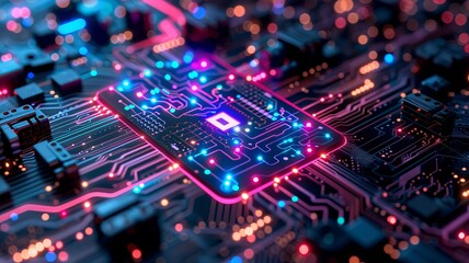 Obraz premium An illustration on the topic of modern technology. Microchips or a motherboard. Technological background in neon colors